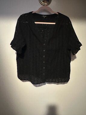 Madewell Black Eyelet Button-Down Ruffled Short Sleeve Blouse size XL